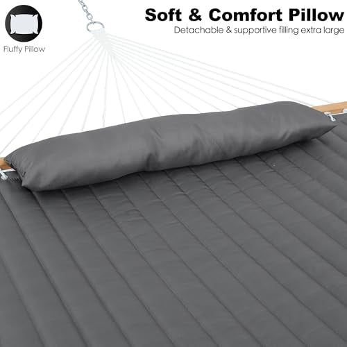 GAFETE Hammock 2 Person Quilted Fabric Hammocks for Outside, Double 12ft Hammocks with Spreader Bar, Large Removable Pillow, Storage Bag, Carabiners, Max 475 lbs Capacity (Dark Grey) - color: Dark Grey