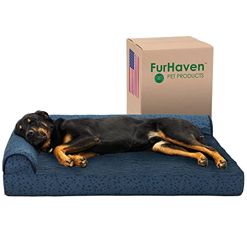 Furhaven Cooling Gel Dog Bed for Large Dogs w/ Removable Bolsters & Washable Cover, For Dogs Up to 95 lbs - Plush & Almond Print L Shaped Chaise - Blue Almonds, Jumbo/XL - color: (Plush & Almond Print) Blue Almonds, size: Jumbo