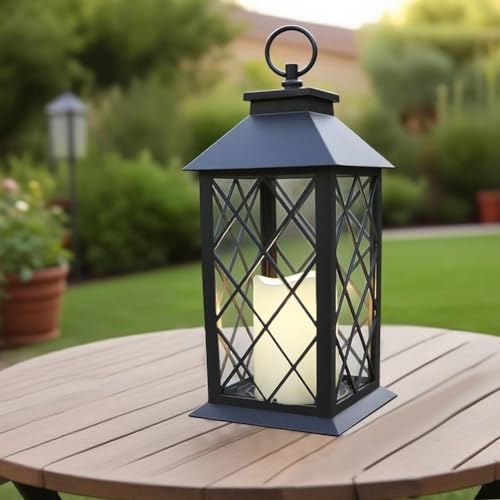 13.5" Black Vintage Candle Lantern with LED Pillar Candle and Timer - IP44 Waterproof Outdoor Decorative Hanging Lantern Porch Light - color: [1-pack] Textured Black Lantern - White Candle
