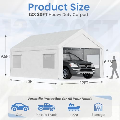 Bezseller 12x20 FT Heavy Duty Carport Canopy with Removable Sidewalls, Portable Garage Tent with Roll-Up Windows & Doors, Car Port with All-Season Tarp for Cars, Boats, Trucks, Motorcycles, White - color: White, size: 12 X 20