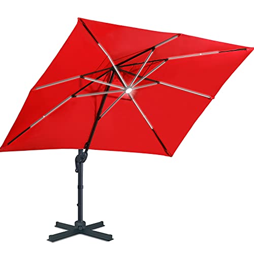 Sunnyglade 10x13ft Solar Powered LED Cantilever Patio Umbrella Square Deluxe Offset Umbrella 360°Rotation & Integrated Tilting System & LED lights for Market Garden Deck Pool Backyard Patio - color: Red, size: 10X13FT