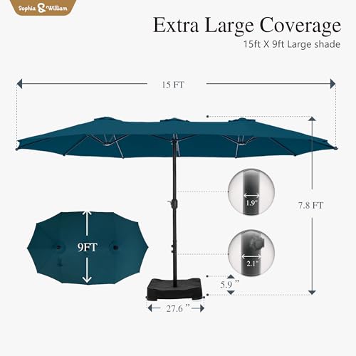 Sophia & William 15 ft Extra Large Patio Umbrella with Base Included, Rectangular Outdoor Umbrella Heavy Duty, Market Umbrella Double-sided Fade Resistant for Pool Garden Backyard, Cyan-blue - color: Cyan-blue