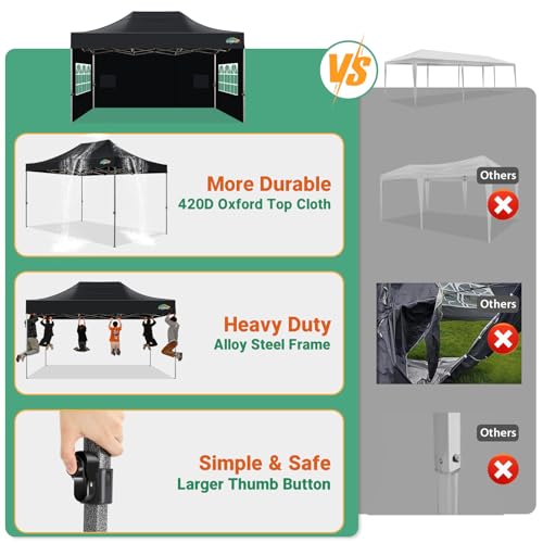 COBIZI 10x15 Heavy Duty Pop Up Canopy Tent with 4 Sidewalls Thicken Frame, Commercial Easy Up Outdoor Wedding Party Tents, All Season Waterproof Windproof with Stakes Sandbags Ropes Bag, Black - color: Black, size: 10x15