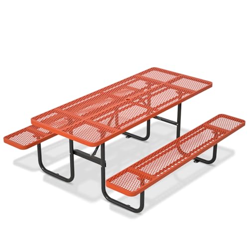 72'' Steel Rectangular Metal Picnic Table for Outdoors, Commercial Picnic Table with Umbrella Hole of Up to 1-1/2" Diameter, for Garden Courtyard BBQ, Orange - color: Orange
