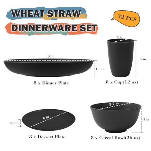Wheat Straw Dinnerware Sets for 8, 32 PCS Unbreakable Plates and Bowls Sets, Reusable Dinnerware Set for Kitchen Outdoor and Apartment Dinning Essentials - Black - color: Black, size: 32 PCS