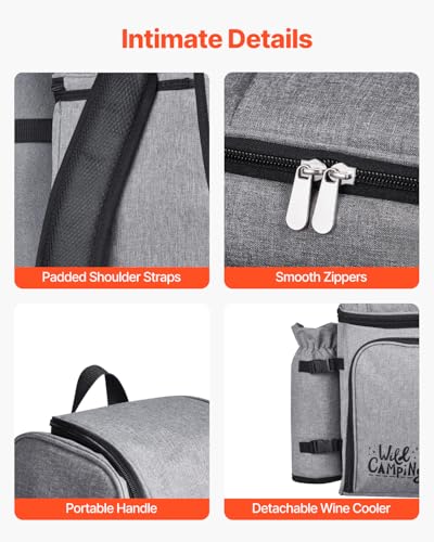 VEVOR Picnic Backpack, Beach Picnic Backpack Bag for 4 Person with Insulated Cooler Compartment, Detachable Bottle/Wine Holder, Lightweight Blanket, Plates and Cutlery Set for Hiking & Camping, Grey - size: double layer for 4 & gray
