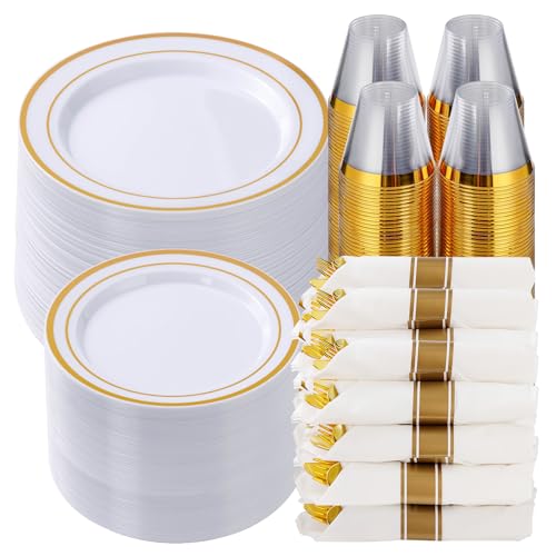 Goodluck 700 Piece Gold Plastic Dinnerware Set for 100 Guests, Disposable Plates for Party, Include: 100 Dinner Plates, 100 Dessert Plates, 100 Pre Rolled Napkins with Silverware, 100 Cups - color: Gold, style: 700 Piece (100 guests)