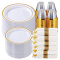 Goodluck 700 Piece Gold Plastic Dinnerware Set for 100 Guests, Disposable Plates for Party, Include: 100 Dinner Plates, 100 Dessert Plates, 100 Pre Rolled Napkins with Silverware, 100 Cups - color: Gold, style: 700 Piece (100 guests)