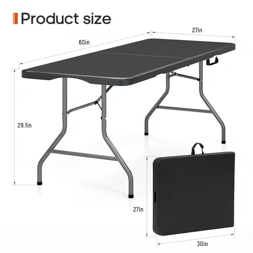5 Foot Folding Table 350 LBS Heavy Duty, 18% Thicker HDPE Waterproof Top, Portable Fold in Half Table with Carrying Handle and Steel Frame for Indoor Outdoor Party Events - color: Black-a, size: 5ft