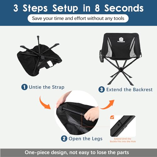 Raynesys 1 Pack Portable Camping Chair, Flexible 360° Rotation, Easy Carry, 8 Seconds Quick Setup Folding Camping Chair, 3.8Lb Lightweight Folding Chairs for Hiking, Beach, Sporting, Travel - color: Black, size: 1 Pack