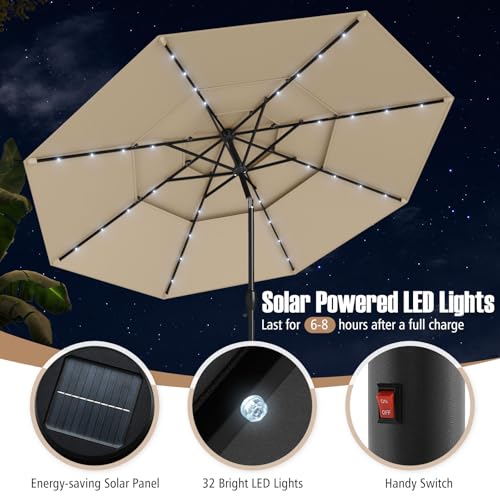 Tangkula 10 FT Solar LED Patio Umbrella, 3-Tier Vented Outdoor Market Table Umbrella with 32 LED Lights, Tilt Adjustment, Crank Handle, 8 Ribs for Backyard Pool Deck (Beige) - color: Beige