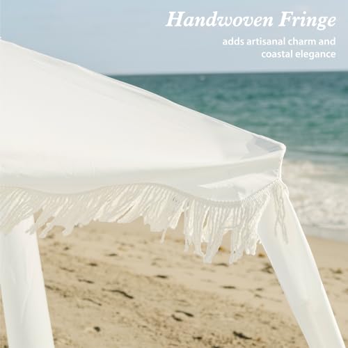 AMMSUN Beach Cabana with Blanket, 7' x 7' Boho Canopy with Tassels, Premium Wood Pole, Fringe Cabana Tent with Sand Pockets, Instant Sun Shade for Sand, Garden, Outdoor, Elegant White - color: Elegant White with Colorful Beach Blanket