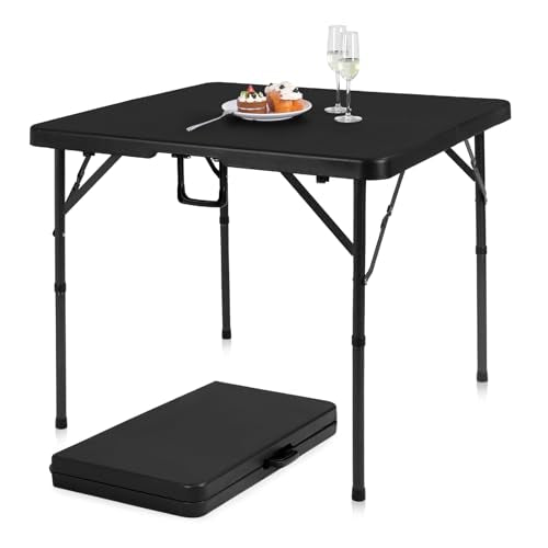 pollilar 34" Folding Card Table Square Foldable Table Plastic Portable with Detachable Legs, Dual Height Adjustable, Heavy-Duty Indoor Outdoor Dining, Game, Picnic, Mahjong Tables-Black - color: Black