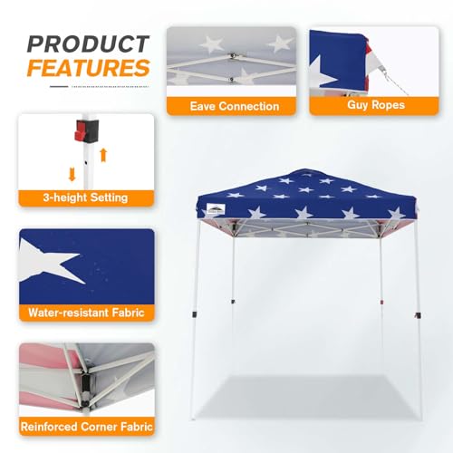 EAGLE PEAK Pop Up Canopy Tent with Wheeled Carry Bag, 8 Stakes, 4 Ropes, Easy Set Up Tent Canopy, 6.6x6.6 ft, American Flag - color: American Flag, size: 6.6x6.6