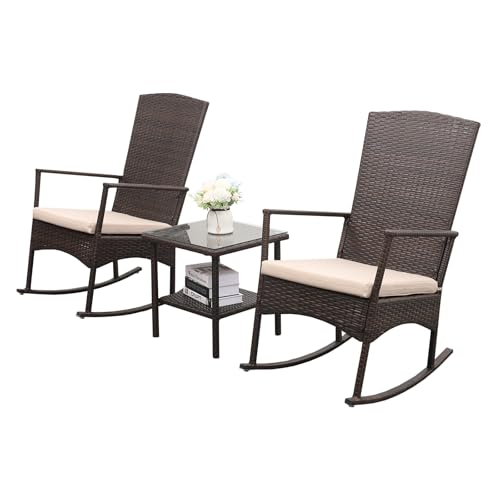 Outdoor Rocking Chair 3 Pieces High-Backed Rocking Chair Patio Rocking Chairs Outdoor Table, Khaki - color: Khaki