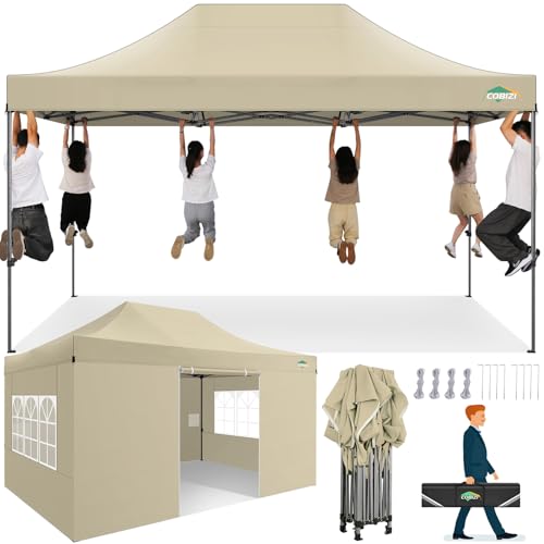 COBIZI 10x15 Heavy Duty Pop up Canopy Tent with 4 sidewalls Commercial Outdoor Canopy Wedding Party Tents for Wedding All Season Wind & Waterproof Gazebo with Carry Bag, Khaki(Frame Thickened) - color: Khaki, size: 10x15 With Sidewalls