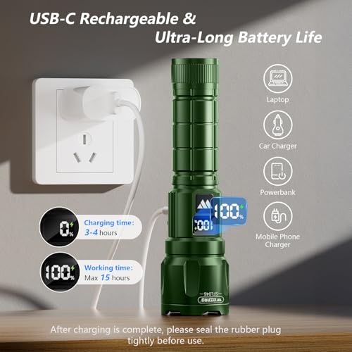 WdtPro LED Rechargeable Flashlight 2 Pack, 3 Modes Super Bright High Lumens Flashlights, Zoomable Tactical Flash Light with LCD Display, IP65 Waterproof Flashlights for Home Emergency Camping - Green - color: Green