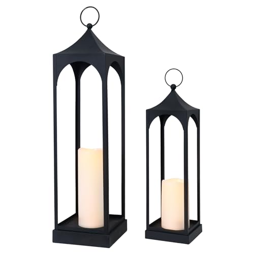 LED Lanterns Decorative Outdoor&Indoor, 23'' 16‘’ Large Black Lanterns Set with 2 Flameless Candles, Metal Holders for Porch, Patio, Garden, Home, Fireplace, Spring Decorations Decor - color: 23‘’ + 16‘’ / Timer