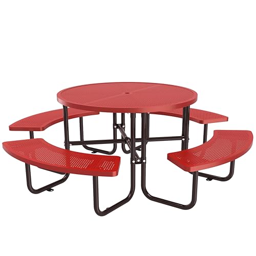 46-inch Red Round Outdoor Picnic Table with Umbrella Hole - Heavy Duty Coated Steel Metal Patio Dining Set for Garden, Courtyard, BBQ & Commercial Use - color: Red-round