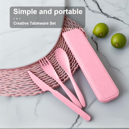 3-in-1 Portable Cutlery Set with Case – Reusable Camping Utensils – Travel Fork, Knife, Spoon Set for Camping, Picnic, Pink - color: Pink