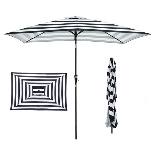 JEAREY 6.5x10 ft Rectangular Patio Umbrellas Rectangle Outdoor Umbrella with Push Button Tilt and Crank, Market Table Umbrella 6 Sturdy Ribs UV Protection for Poolside Garden Backyard Deck, Black-White Stripe - color: Black-White Stripe