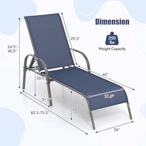 Tangkula Outdoor Lounge Chair, Patio Chaise Lounge with Adjustable Backrest, Reclining Pool Lounge Chair for Outside with Heavy Duty Steel Frame for Beach, Yard, Balcony, Poolside (Navy) - color: Navy