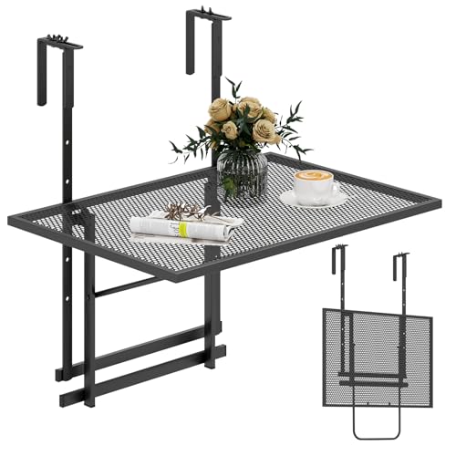 HAPPYGRILL Balcony Railing Table, Outdoor Folding Hanging Table with 5 Adjustable Heights, Heavy Duty Metal Hanging Bar Table for Patio, Garden and Deck