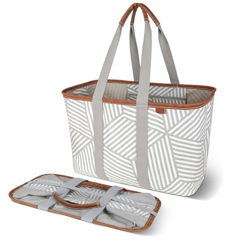 CleverMade Collapsible LUXE Tote, 30L Foldable Grocery Shopping Bag, Reusable - color: Geometric Taupe