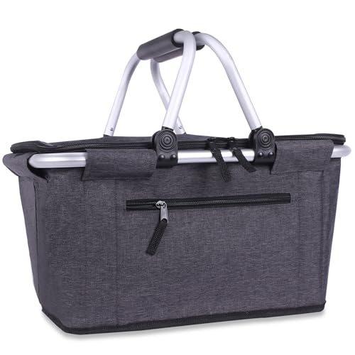 Picnic Basket, SIYUAN Collapsible Market Basket Insulted Cooler with Handles 27L Large Farmers Grocery Basket with Lid Portable Tote Bag, Black - color: Black