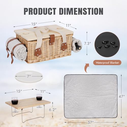 HappyPicnic Picnic Basket for 2, Handmade Wicker Picnic Set with Folding Table and Waterproof Blanket, Large Insulated Picnic Basket with Wine Bag & Cutlery Kit for Picnic, Camping, Holidays (Flower) - color: White Flower, size: 2-person set