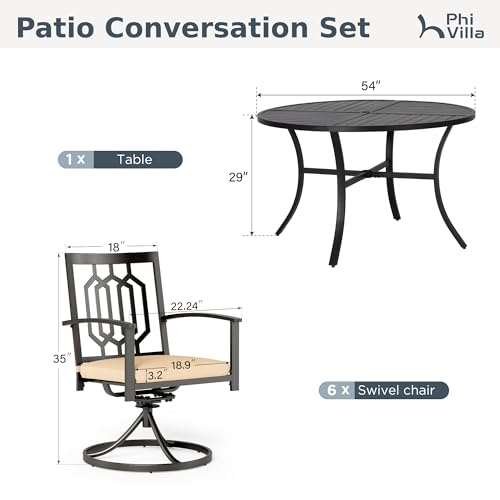 PHI VILLA 7 Pieces Round Outdoor Dining Set for 6, 54" Black Wrought Iron Table with Umbrella Hole & Swivel Metal Steel Chairs, Outside Furniture Set for Patio, Porch, Deck, Backyard - color: Hexagon Back Swivel Chair, size: 7PCS-54" Round Table