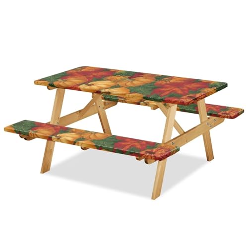 Thanksgiving Elastic Fitted Table Cloth for Camping Party Supplies 3 PCS Set Classic Pumpkin Maple Leaf Outdoor Picnic Table Cover with Bench Covers - color: Classic Pumpkin Maple Leaf, size: Small