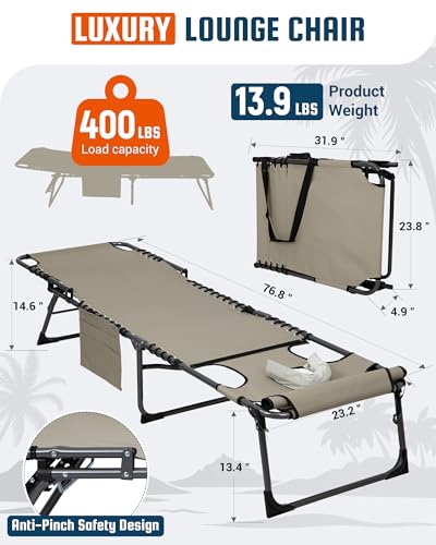 KingCamp Tanning Chair with Face Hole, Lounge Chairs Outdoor Folding Comfy Adjustable 5-Position Lay Flat Foldable Chaise Chaser Lounger for Outside Beach Patio Sun Bathing Pool, Beige - color: B*sunbask Face Hole——beige Face Hole, style: 400lbs&Pinch-Pro