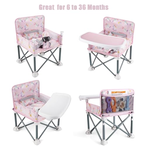 PandaEar Portable Baby Booster Seat | Compact Fold with Safety Straps & Feeding Tray for Indoor/Outdoor Use | Great for Travel, Camping, Beach, Lawn | Toddlers, Kids, Boys, Girls (Pink Unicorn)