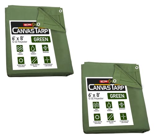 Mytee Products (2 Pack) 6' x 8' Green Canvas Tarp 12oz Heavy Duty Water Resistant - color: Green (2 Pcs), size: 6' x 8'