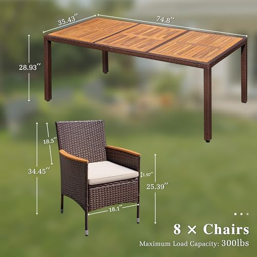 Devoko Outdoor Patio Dining Sets 9 Pieces Wicker Outdoor Dining Table and Chairs Set with Acacia Wood Table Top and Widened Armrests for Backyard, Garden, Deck (Brown) - color: Brown, style: 9 Piece Dining Set