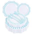 COLOSUS 150pcs Disposable Blue and White Striped Easter Plastic Party Plates and Silverware set, Light Blue Dinner/Dessert Plates silverware serve 30guests for Birthday, New Year and Daily use. - color: white+light blue