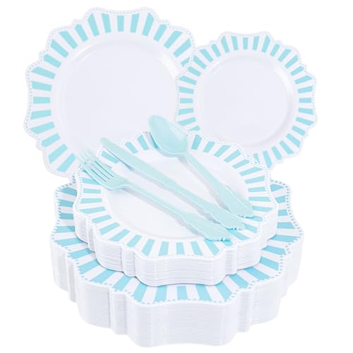 COLOSUS 150pcs Disposable Blue and White Striped Easter Plastic Party Plates and Silverware set, Light Blue Dinner/Dessert Plates silverware serve 30guests for Birthday, New Year and Daily use. - color: white+light blue