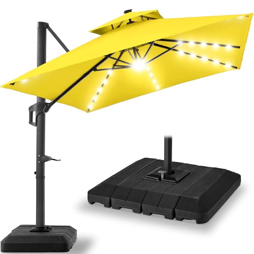Best Choice Products 9x12ft LED Cantilever Patio Umbrella w/Base Included & 360° Rotation, Large Solar Offset Hanging Outdoor Sun Shade for Deck, Backyard Table w/Stand & Lights – Yellow - color: Yellow, size: 9x12ft