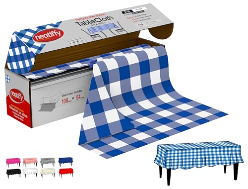 Neatiffy Disposable Plastic Table Cloth Roll | 54 in x 108 Ft Waterproof Tablecloth | Table Cover for Rectangle, Square, Round Oval Tables | Picnic, Party, Banquet, Birthdays, Weddings - Blue Gingham - color: Blue Gingham