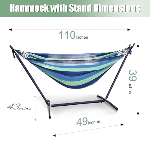 Double Hammock with Freestanding Steel Stand, Portable & Easy Setup, 550lb Capacity Heavy Duty for Patio, Garden,Backyard, Camping, Indoor & Outdoor - Includes Carry Bag (Blue Stripe) - color: Ocean Breeze