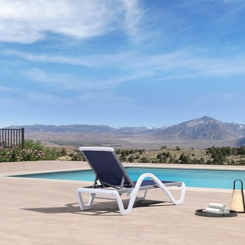 PURPLE LEAF Patio Chaise Lounge Chair Outdoor Plastic Textilene Sun Bathing Recliner Tanning Pool Lounger with 6 Adjustable Position for Outside Beach in-Pool Lawn Poolside, Navy Blue - color: Navy Blue, style: 1 chair(w/Arms)