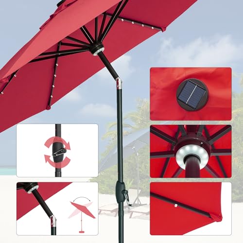 GDY 10Ft Patio Umbrella, Table Umbrella with 40 LED Lights, Outdoor Umbrellas for Patio, with Tilt and Crank, Center Light, for Garden, Deck, Backyard, Pool, and Beach. - color: Red