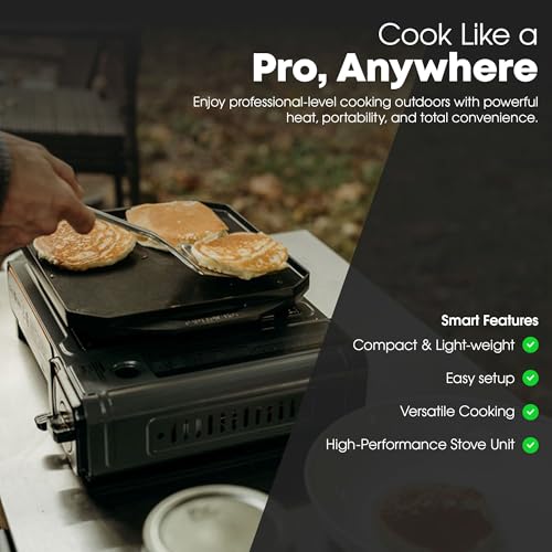GasOne GS-1000G-KIT Butane Gas Stove with Flat Top Griddle Included – Butane Grill Tent Stove Burners for Cooking for Camping, Kitchen – Diecast Aluminum with Non Stick Coating - color: Gray
