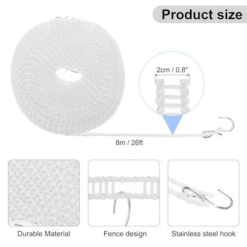 uxcell Windproof Clothesline, 8M 26ft Plastic Non-Slip Clothes Drying Rope Portable Travel Clothesline for Courtyard Outdoor Laundry Camping, White - color: White, size: 26.2ft