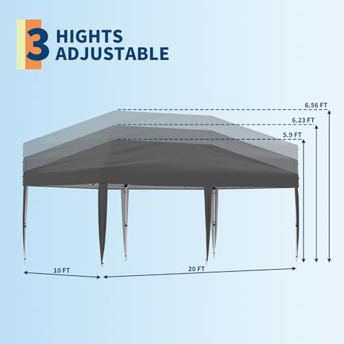 10x20 Pop Up Canopy Tent Outdoor Canopy with No Removable Sidewall One-Person Set Up Heavy Duty Commercial Instant Tent Shelter-Gray - color: Gray, size: 10x20FT/0-Sidewall