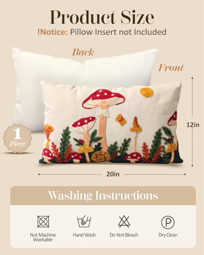 Embroidered Lumbar Pillow Cover 20x12 Inch - Spring Summer Boho Decorative Pillow Cover with Zipper for Living Room Couch Sofa Bed Aesthetic Design Mushroom Moon Cushion Pillowcase - color: Mushroom Moon, size: 20" x 12" (Pack of 1)