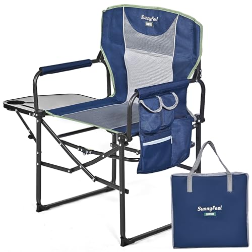 SUNNYFEEL Oversized Camping Directors Chair, Portable Folding Lawn Chairs for Adults Heavy Duty with Side Table,Pocket for Beach, Fishing,Picnic,Concert,Tailgating, Outdoor Foldable Camp Chair - color: Navy Blue, size: 1 Pc