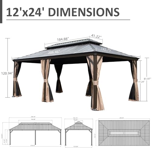 Domi 12' X 24' Hardtop Gazebo, Upgraded Metal Gazebo with Drainage System, Dual-Layer Galvanized Steel Roof, Curtain and Netting, Outdoor Shelter Canopy for Patio, Garden, and Backyard, Brown - color: Brown, size: 12'x24'/w gutter