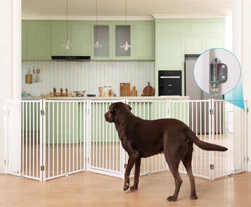 No Pawblems Free Standing Dog Gate with Door, 30'' Tall Foldable Dog Fence for Indoor & Outdoor, Up to 156 Inch Extra Wide Puppy Gate for Stairs, Hallways, Doorways, Deck, Yard (White, 6 Panels) - color: White, size: Up to 156" W, 6 Panels